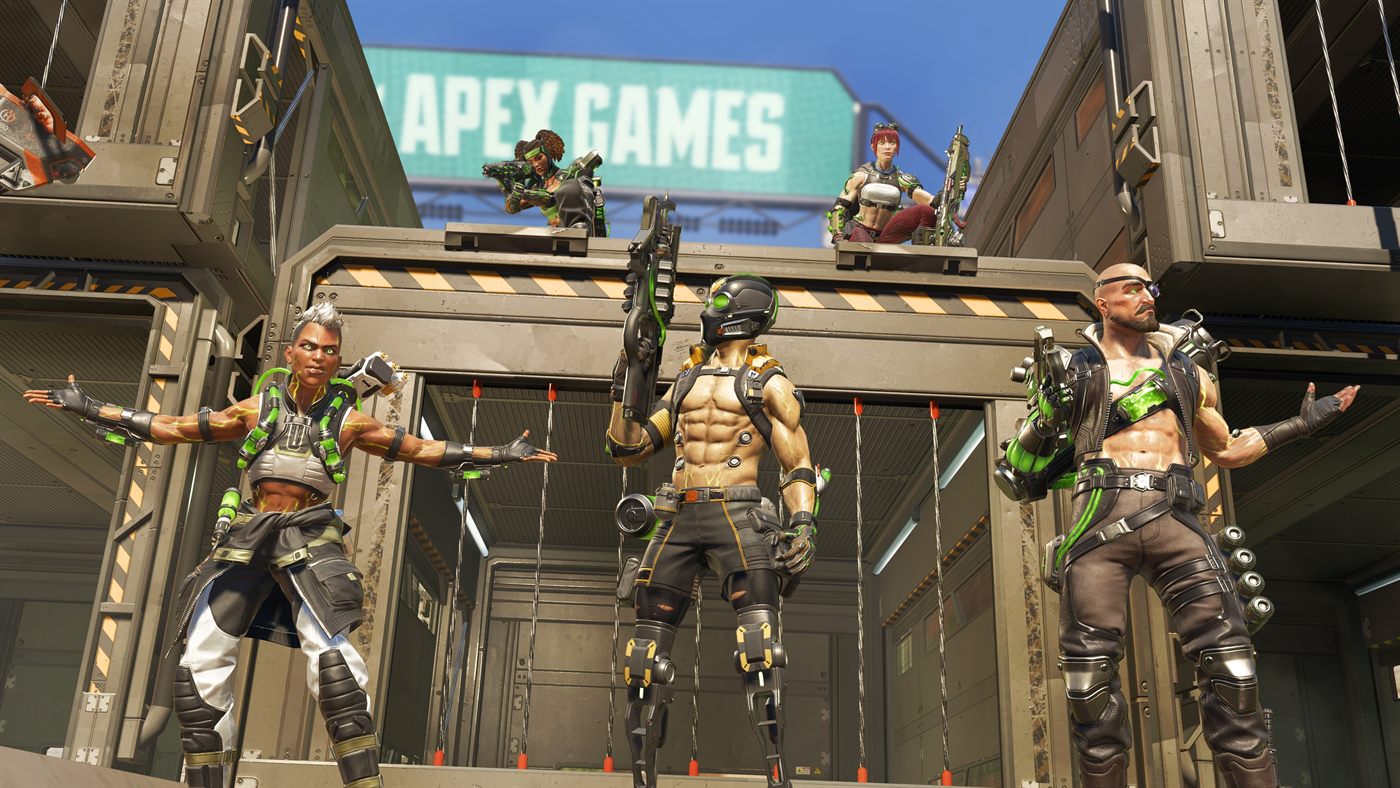 Bangalore, Octane, Fuse, Lifeline, and Wraith wearing Power Trip skins