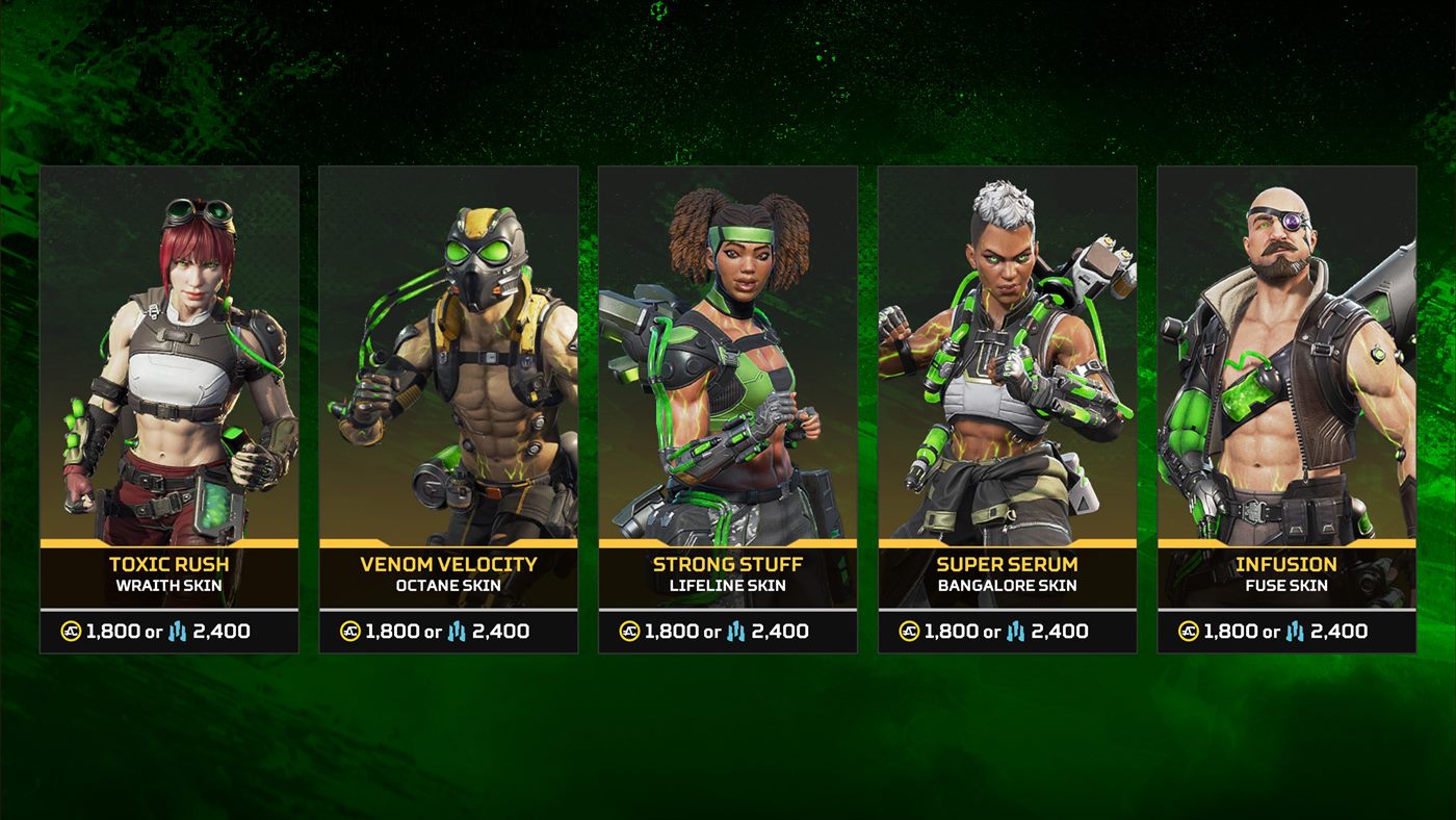 Power Trip store skins for Wraith, Octane, Lifeline, Bangalore, and Fuse